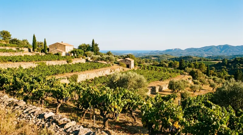 Une photo d'un paysage ensoleillé avec des vignes typiques du département de l'Hérault