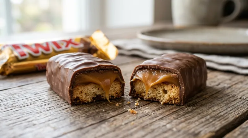 Une photo d'une barre chocolatée Twix coupée en deux montrant le biscuit croustillant et le caramel 