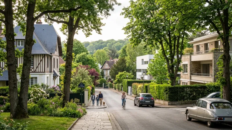 Une photo d'un quartier résidentiel verdoyant de la ville de Vaucresson dans les Hauts-de-Seine
