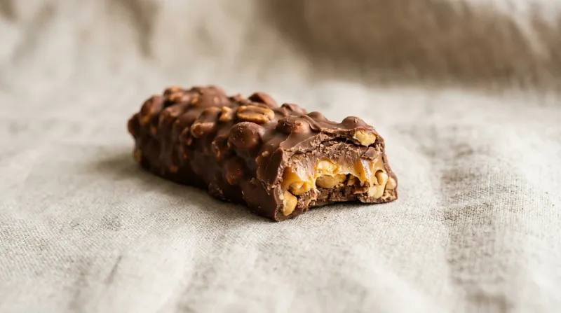 Une photo d'une barre de chocolat aux cacahuètes et au caramel sur un fond neutre