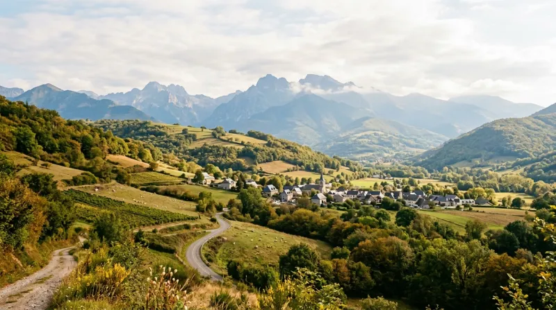 Une photo d'un paysage ensoleillé du piémont pyrénéen dans les Hautes-Pyrénées sous un ciel légèreme