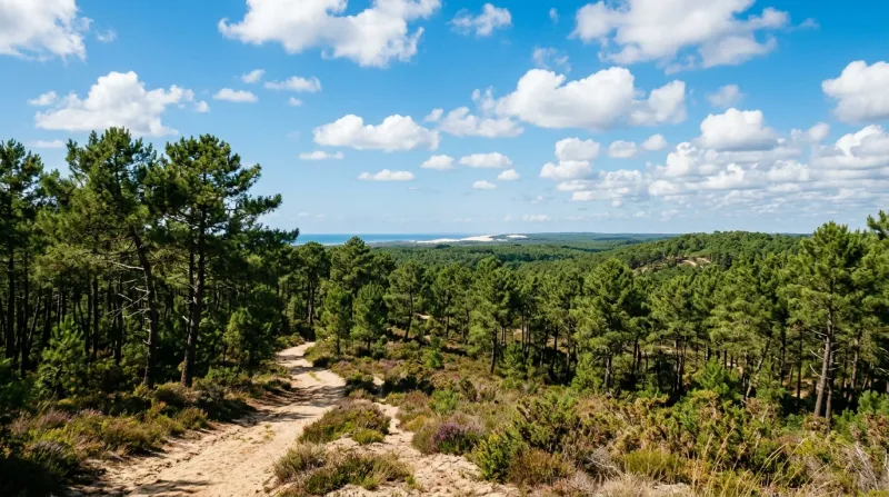 Une photo d'un paysage ensoleillé dans les Landes sous un ciel bleu avec une lumière estivale