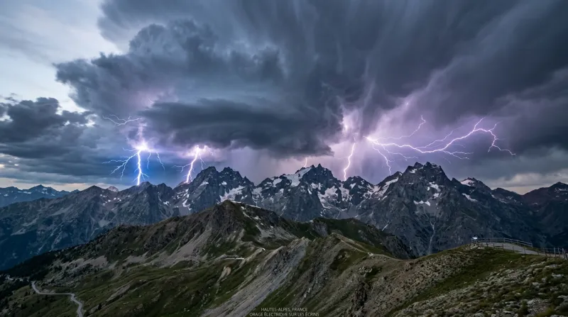 Une photo des sommets montagneux des Hautes-Alpes sous un ciel d'orage avec de l'activité électrique