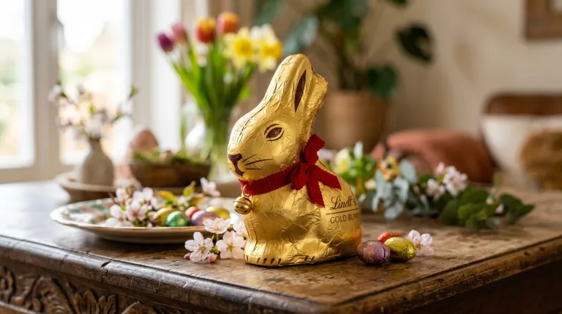 Une photo du célèbre lapin en chocolat doré avec son ruban rouge et sa clochette