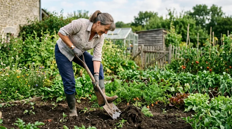 Une photo d'une personne utilisant une bêche dans un jardin