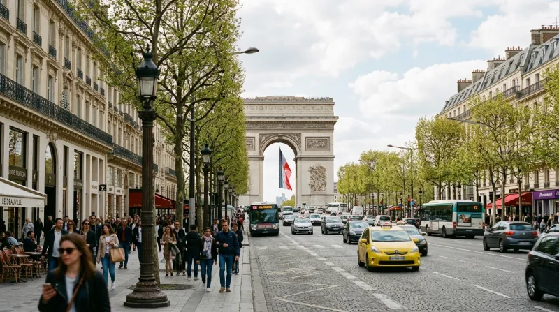 Une photo de l'avenue des Champs-Élysées à Paris avec l'Arc de Triomphe en arrière-plan