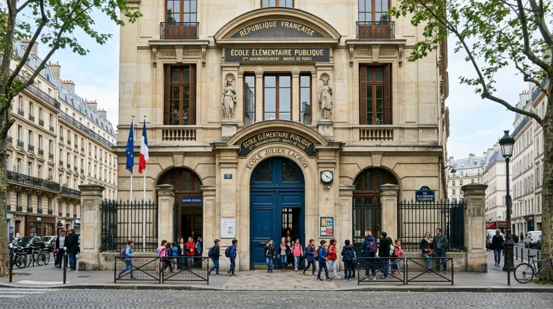 Une photo de la façade d'une école primaire typique à Paris