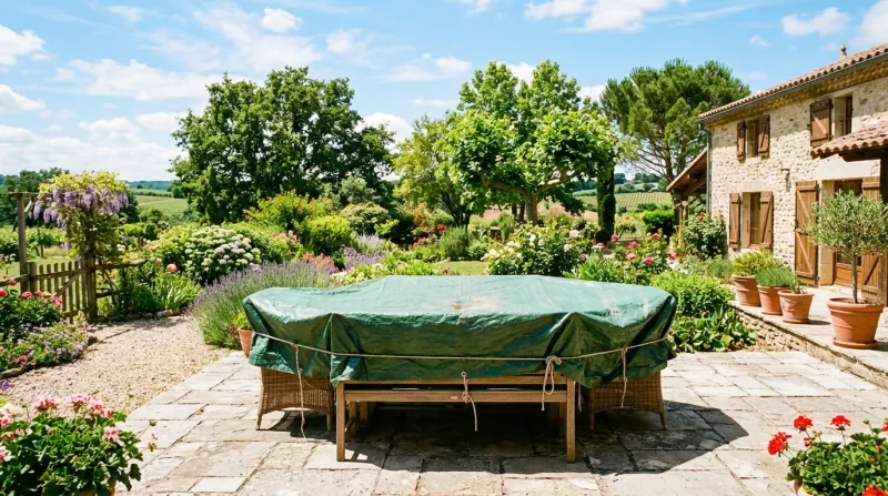 Une photo d'un salon de jardin recouvert d'une bâche de protection sous un soleil d'été.