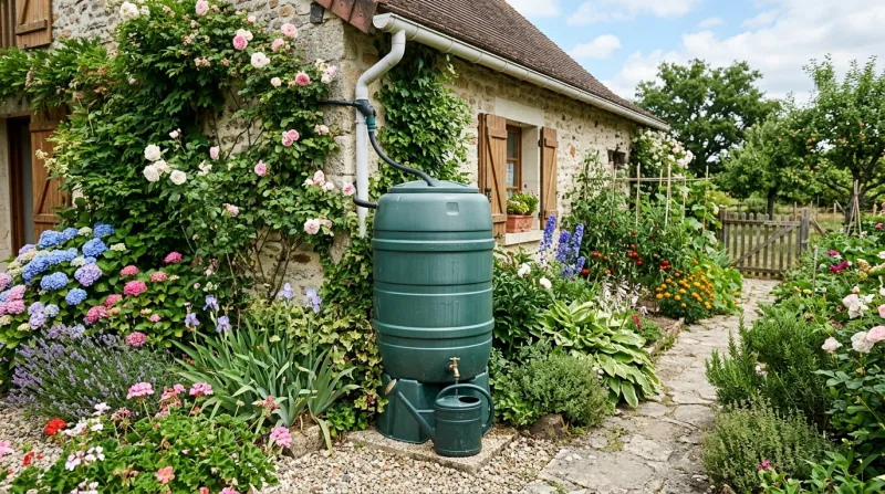 Une photo d'un récupérateur d'eau de pluie dans un jardin