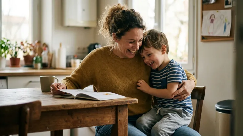 Une photo d'un parent seul et son enfant partageant un moment de complicité chaleureux