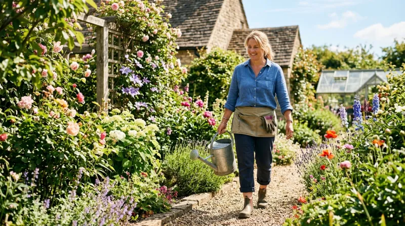 Une photo d'une personne portant un arrosoir dans un jardin ensoleillé