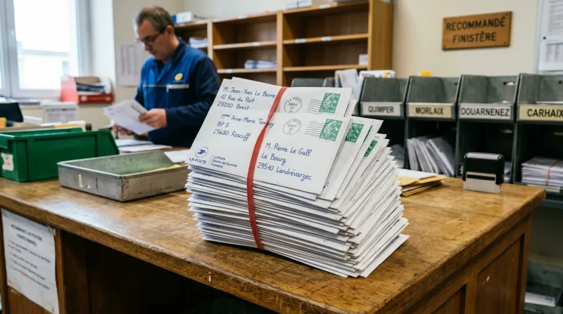 Une photo d'une pile d'enveloppes de courrier prêtes pour l'expédition dans le Finistère