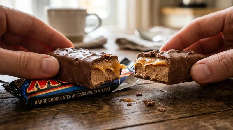 Une photo d'une barre chocolatée Mars déballée montrant son caramel et son nougat