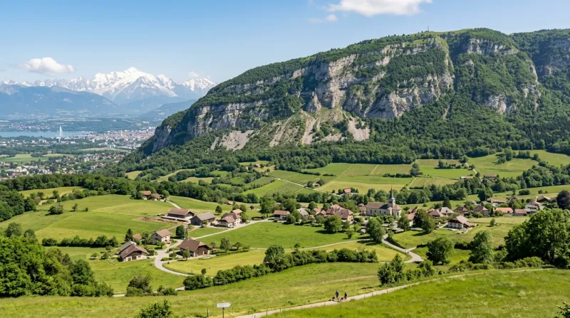 Une photo du paysage verdoyant de la commune d'Archamps au pied du mont Salève