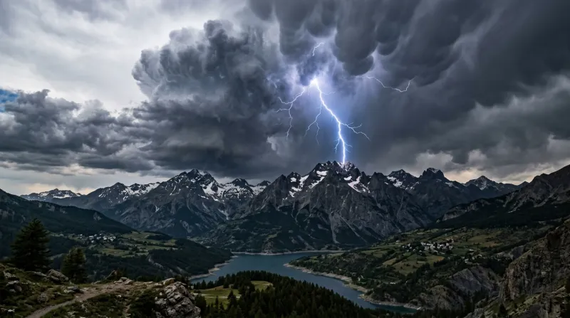 Une photo d'un orage se formant au-dessus des sommets montagneux des Alpes-de-Haute-Provence avec de