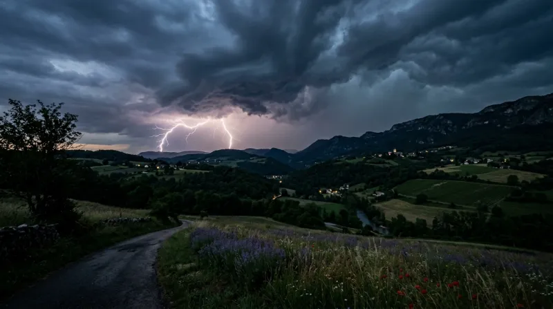 Une photo d'un paysage dans l'Ain sous un ciel d'orage avec des éclairs au loin