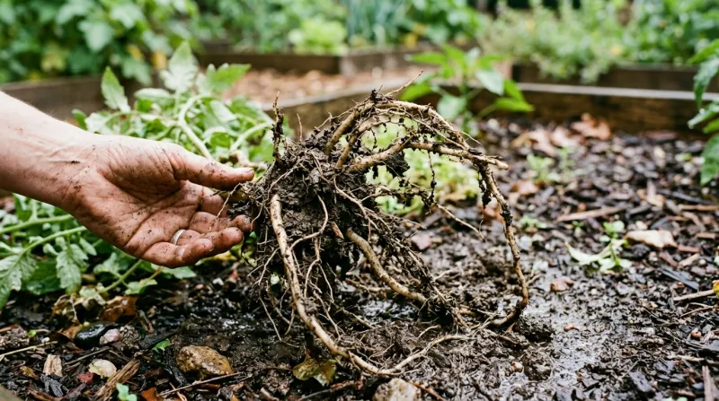 Une photo de racines de plantes extraites d'un sol de jardin humide après la pluie