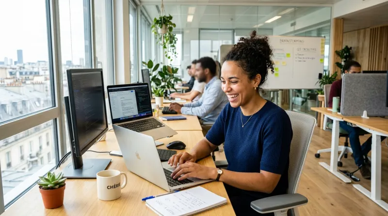 Une photo d'une personne active travaillant avec le sourire dans un bureau moderne