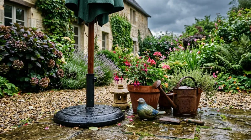 Une photo d'un pied de parasol et d'objets de décoration dans un jardin après un orage.