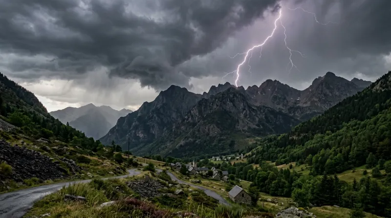 Une photo de montagnes dans l'Ariège sous un ciel d'orage avec des éclairs