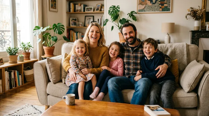 Une photo d'une famille souriante avec deux enfants ou plus dans un environnement domestique chaleur