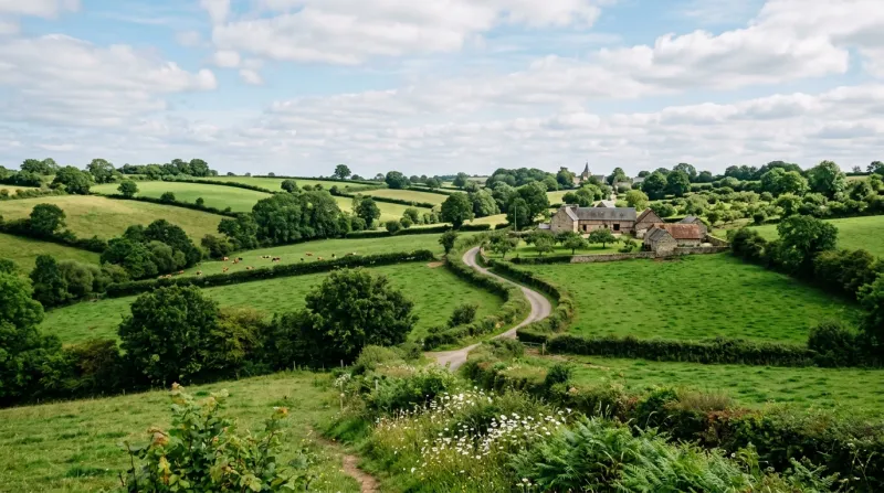 Une photo d'un paysage emblématique du Calvados avec son bocage verdoyant.