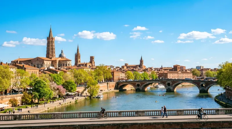 Une photo de la ville de Toulouse sous un grand soleil printanier avec un ciel bleu
