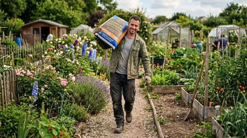Une photo d'un jardinier portant un sac de terreau dans un jardin