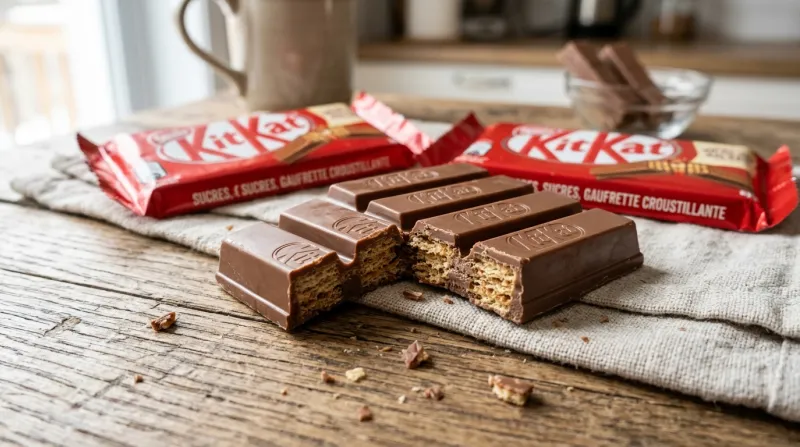 Une photo de barres chocolatées KitKat mettant en avant le biscuit gaufrette croustillant