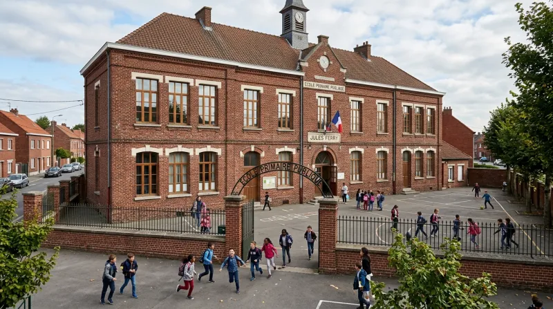 Une photo d'une école primaire typique avec des façades en briques rouges dans le département du Nor