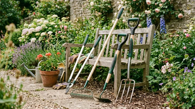 Une photo d'outils de jardinage avec de longs manches ergonomiques posés dans un jardin