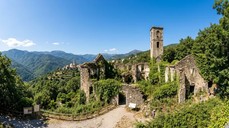 Une photo des vestiges du couvent Saint-François d'Orezza à Piedicroce en Corse entouré de végétatio
