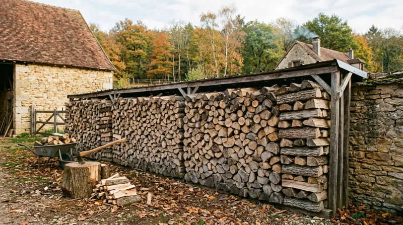Une photo de bûches de bois de chauffage empilées à l'extérieur