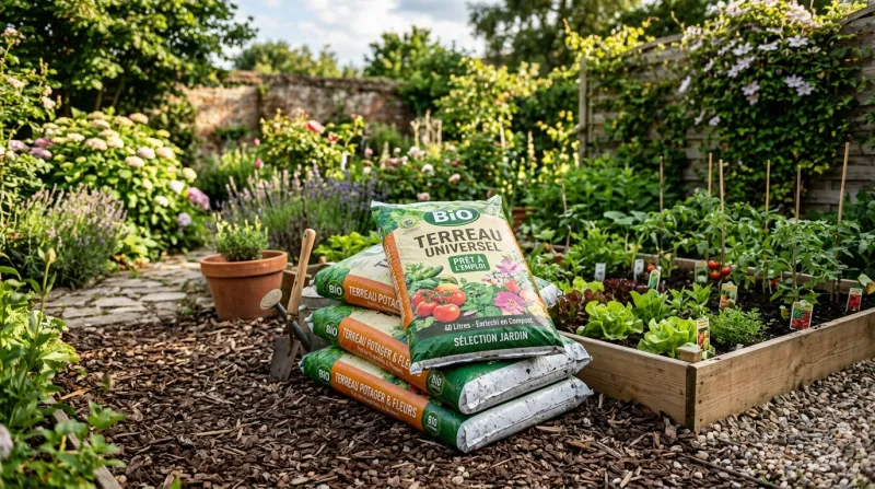 Une photo de sacs de terreau dans un jardin