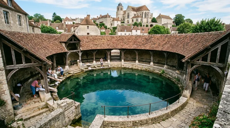 Une photo de la Fosse Dionne à Tonnerre avec son bassin de lavage circulaire et son toit de tuiles b