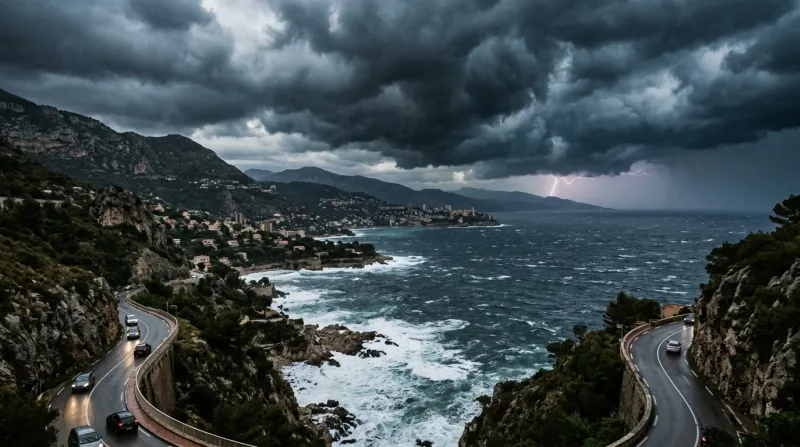 Une photo du littoral des Alpes-Maritimes sous un ciel orageux avec des nuages menaçants