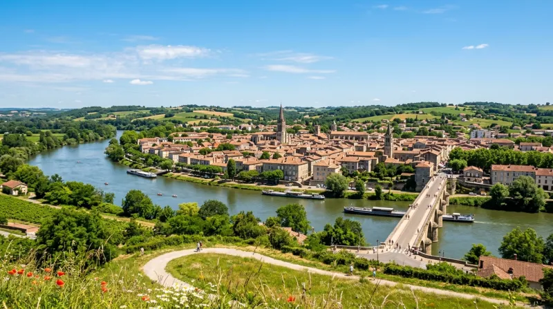 Une photo d'un paysage ensoleillé à Agen sous un ciel bleu avec une atmosphère de début d'été