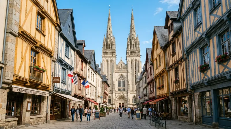 Une photo du centre-ville historique de Quimper avec ses maisons à colombages et la cathédrale sous 