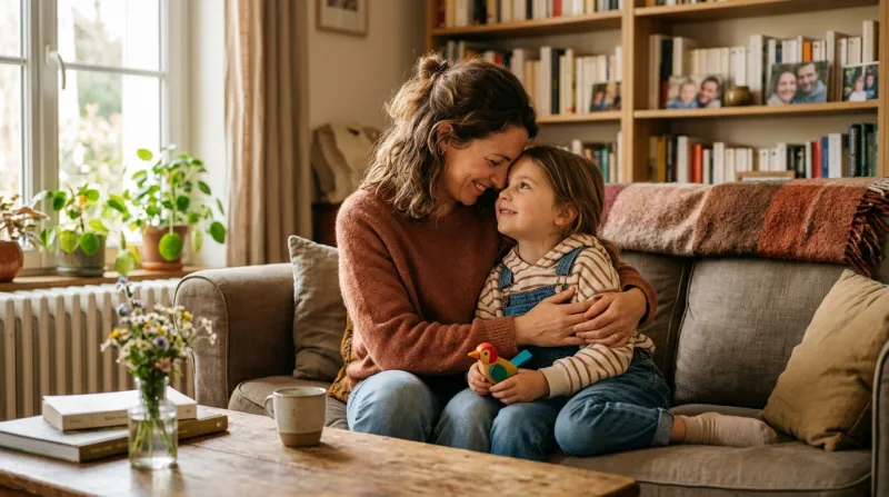 Une photo d'un moment de complicité et de soutien entre un parent et son enfant dans un cadre chaleu