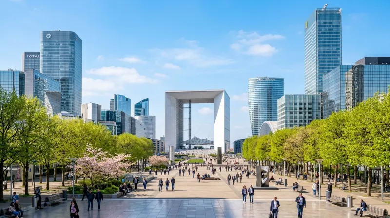 Une photo du quartier de la Défense dans les Hauts-de-Seine sous un ciel ensoleillé d'avril