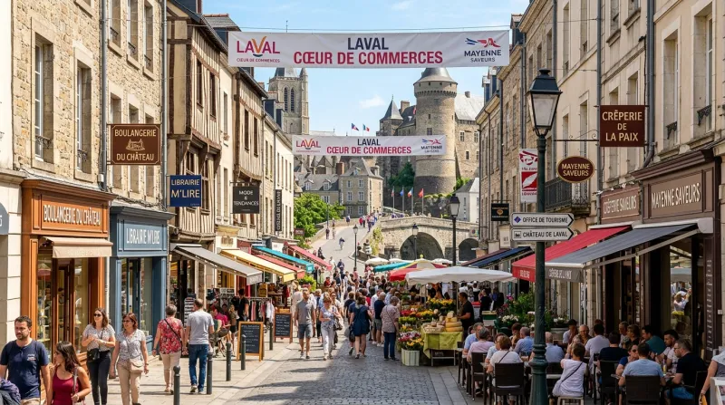Une photo du centre-ville dynamique et commerçant de Laval en Mayenne