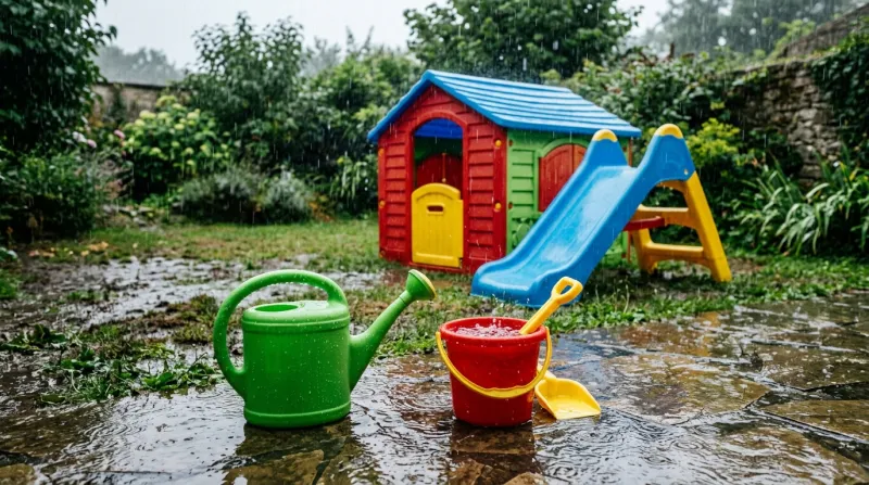 Une photo de jouets de jardin en plastique coloré sous une averse de pluie