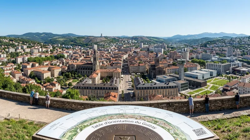 Une photo d'une vue panoramique sur la ville de Saint-Étienne avec ses bâtiments historiques sous un