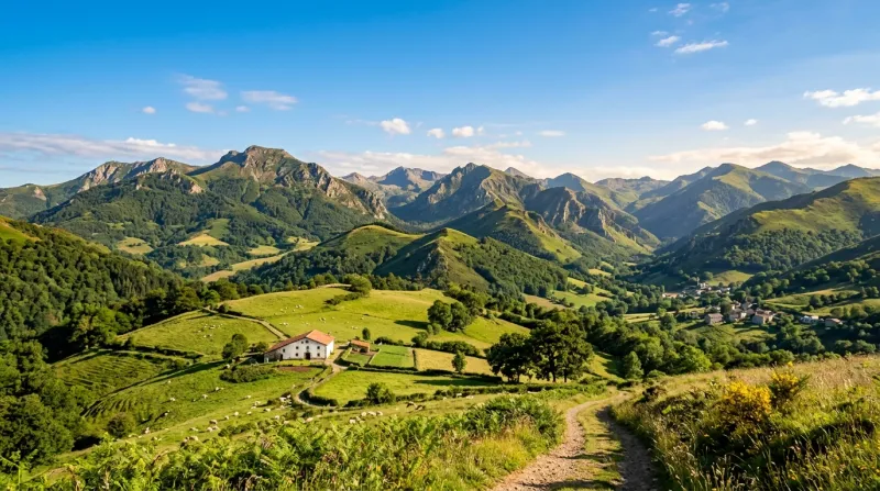 Une photo d'un paysage ensoleillé dans les Pyrénées-Atlantiques sous un ciel bleu et une lumière cha