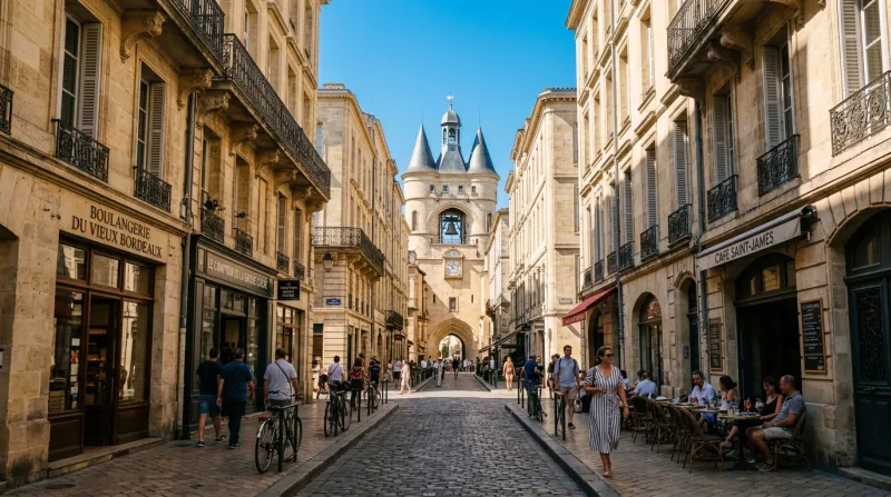 Une photo d'une rue ensoleillée à Bordeaux sous un ciel bleu parfaitement dégagé