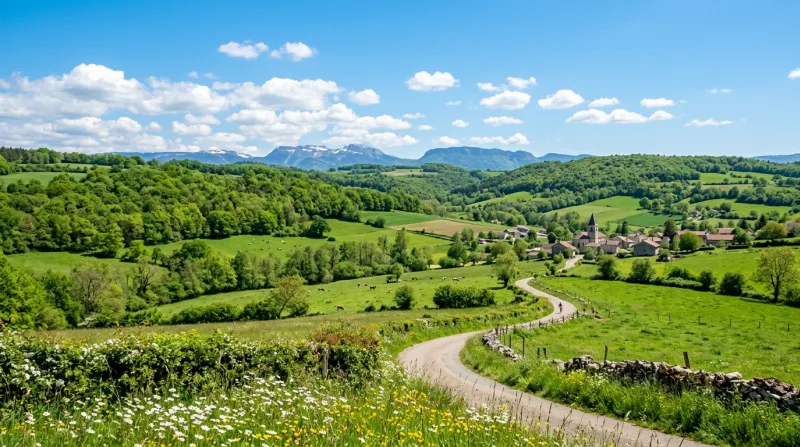 Une photo d'un paysage verdoyant du département de l'Ain sous un ciel clair de printemps