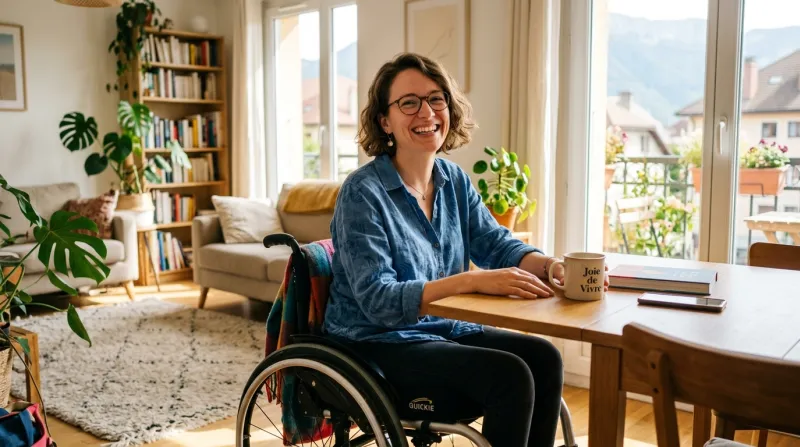 Une photo d'une personne en situation de handicap souriante dans un cadre de vie quotidien et lumine