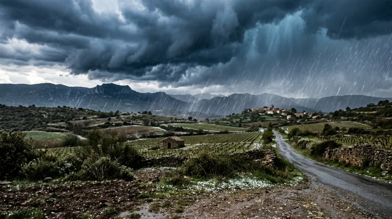 Une photo d'un paysage de l'Aude sous un ciel d'orage avec des chutes de grêle