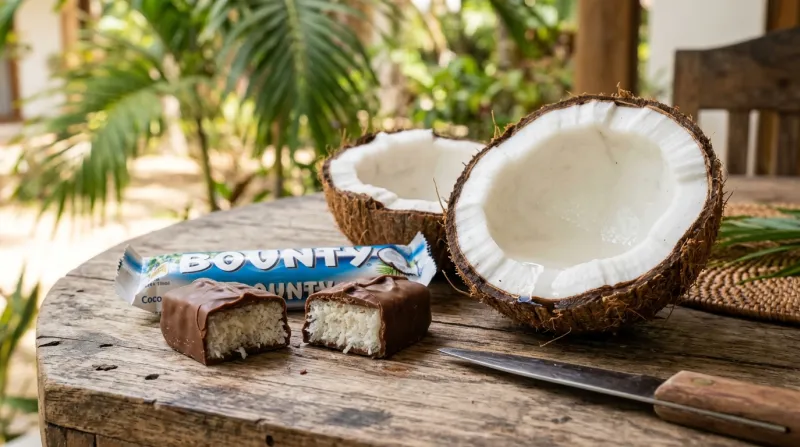 Une photo d'une barre chocolatée Bounty coupée en deux montrant son cœur à la noix de coco à côté d'