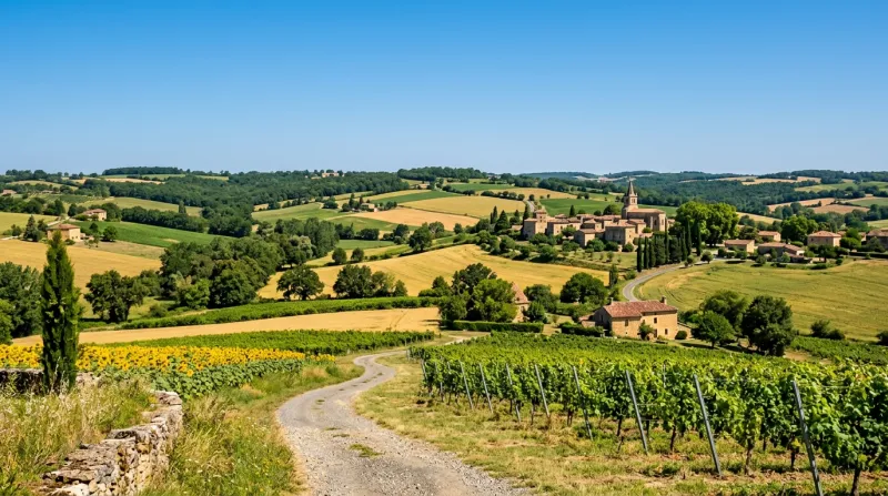 Une photo d'un paysage ensoleillé dans le département du Gers sous un ciel bleu sans nuage